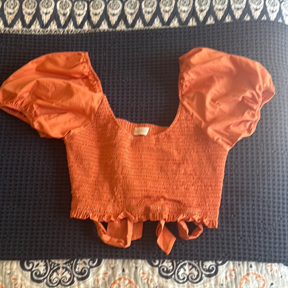 Altar'd State Orange Smocked Crop Top with Puff Sleeves